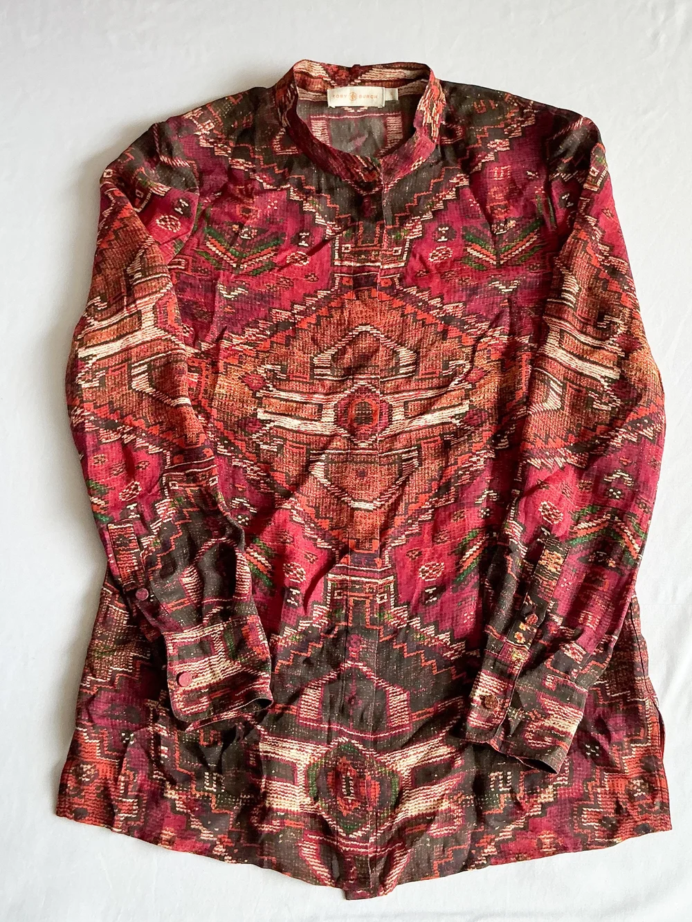 Tory Burch 100% Silk Aztec pleated Colorful Sheer Midi Long Sleeve Tunic Size 0